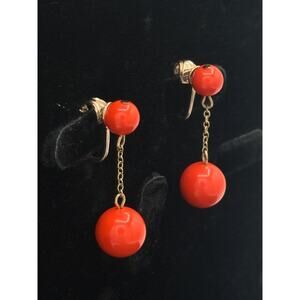 Signed Richelieu Vintage Clip-On Earrings | Coral-Tone Double Bead Drops